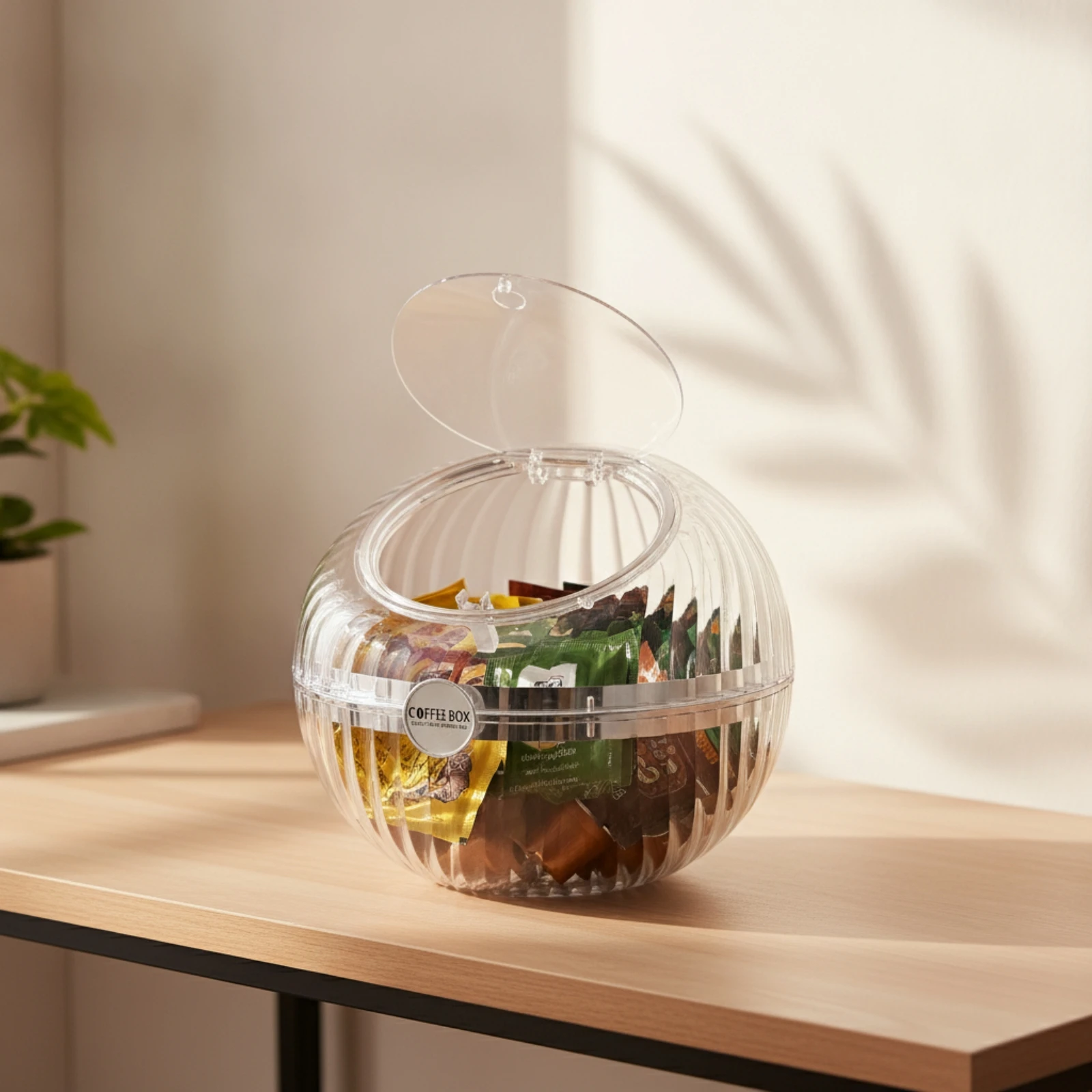Spherical Storage Box with Hinged Lid Transparent Coffee Pod Storage Box with Lid Coffee Capsule Holder Ribbed Clear Candy Jar - view 3