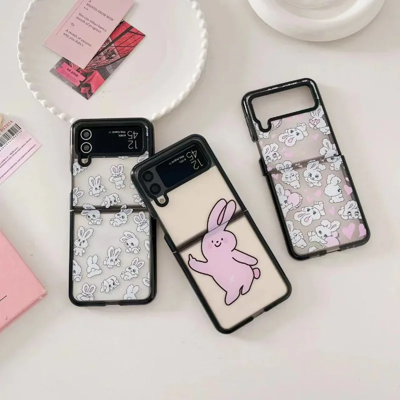 

Cute Rabbit Acrylic Black Border Phone Case for Samsung Galaxy Z Flip 5 4 3 Back Cover for ZFlip4 ZFlip5 Hard Case Shell