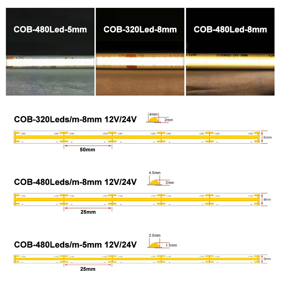 High Density Flexible Mini Cob Led Strip Light Pixel Tape Linear Dimmable Ribbon Warm Nature Cool White DC24V 10M/Roll No Weldin