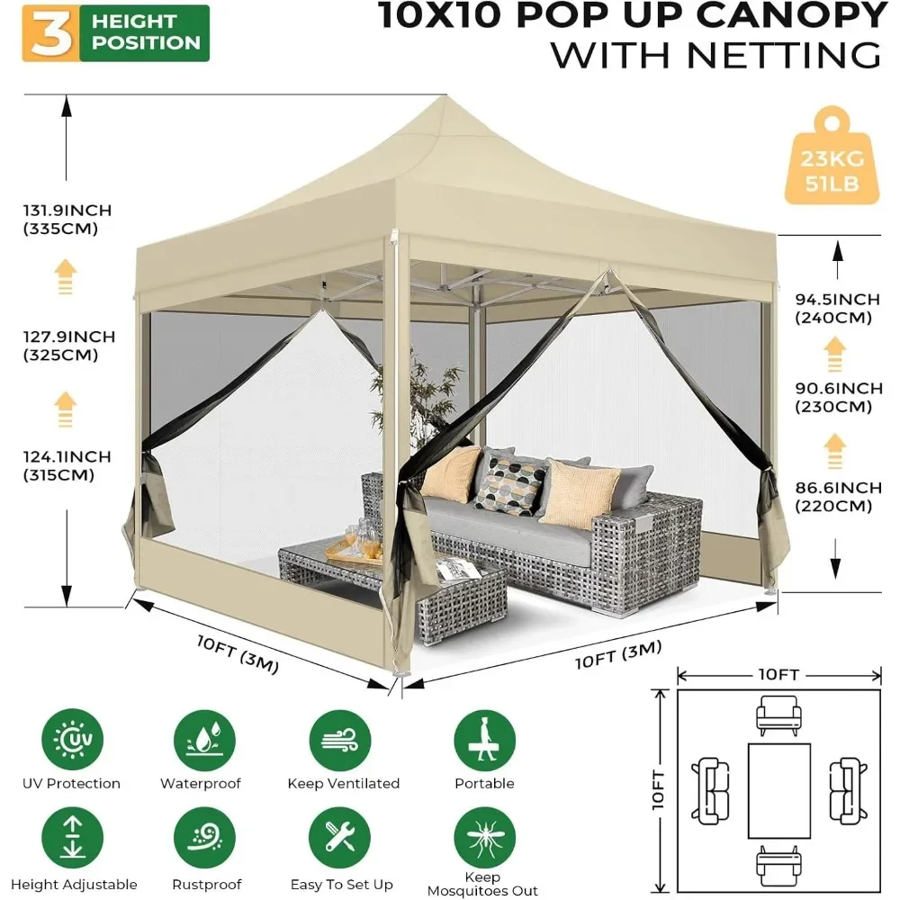 Heavy Duty Pop Up Canopy Tent com 4 paredes laterais, Gazebo Comercial, Tenda de festa com parede de mosquiteiro, fácil, 10x10