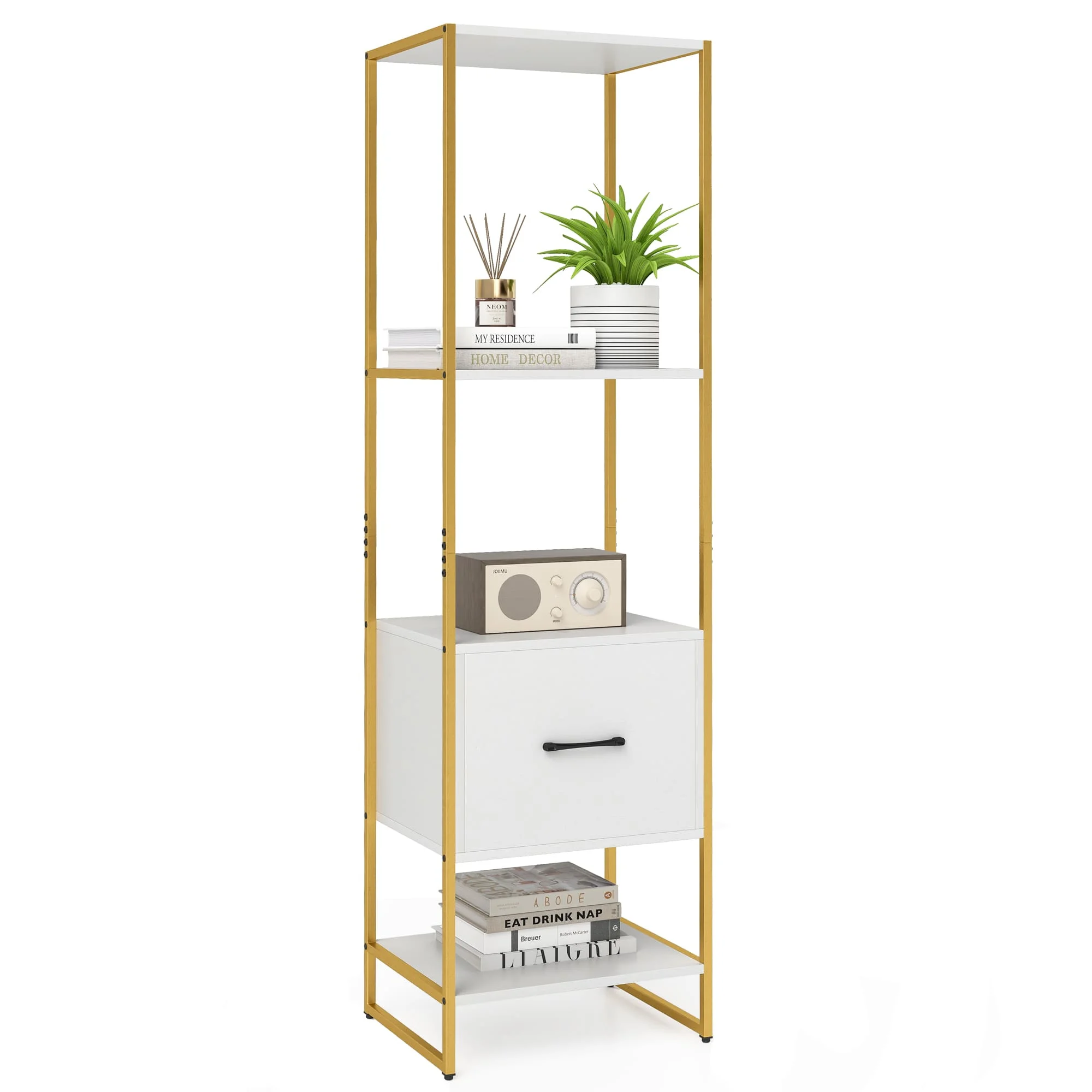 GOFLAME 5-Tier Bookshelf  Tall Narrow Bookcase w/Shelves & Drawer-White