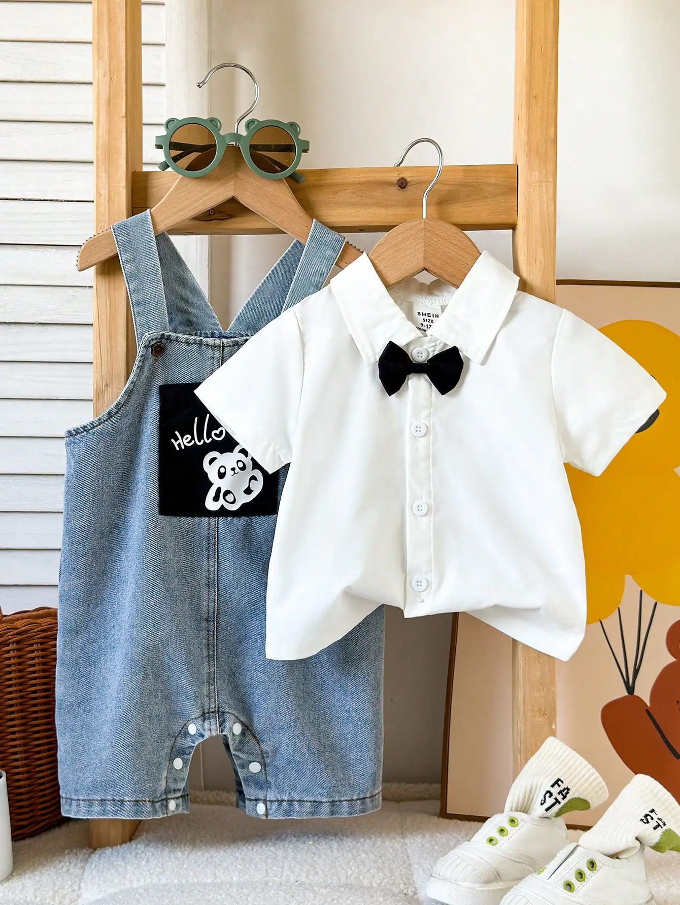 

2025 Summer New Fashion Casual Outdoor White Short-Sleeved Shirt Denim Suspenders Shorts Cute Set Panda Print Fake Pocket