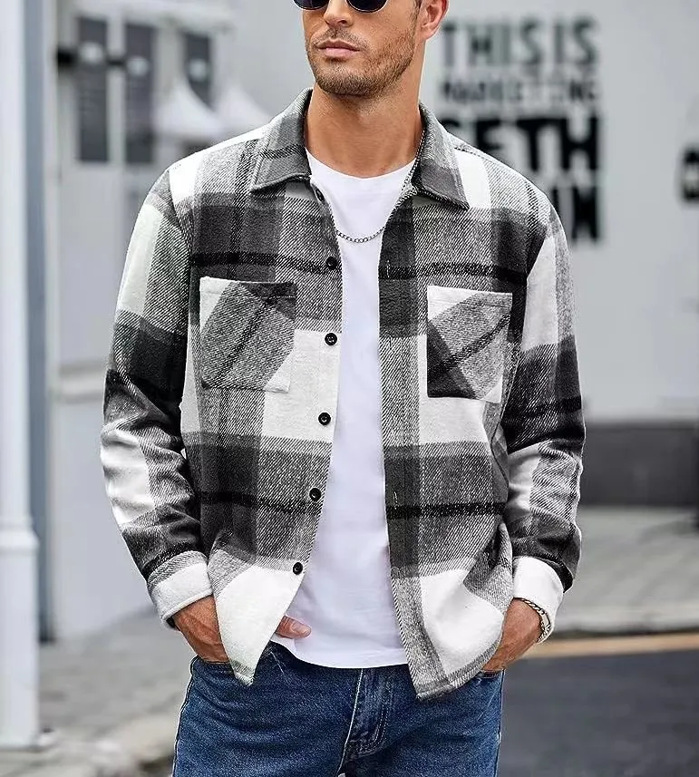 

Men's Thermal Flannel Plaid Shirt Jacket for Winter Plus Size Commute Top With Pocket Turn-Down Collar Casual Coat