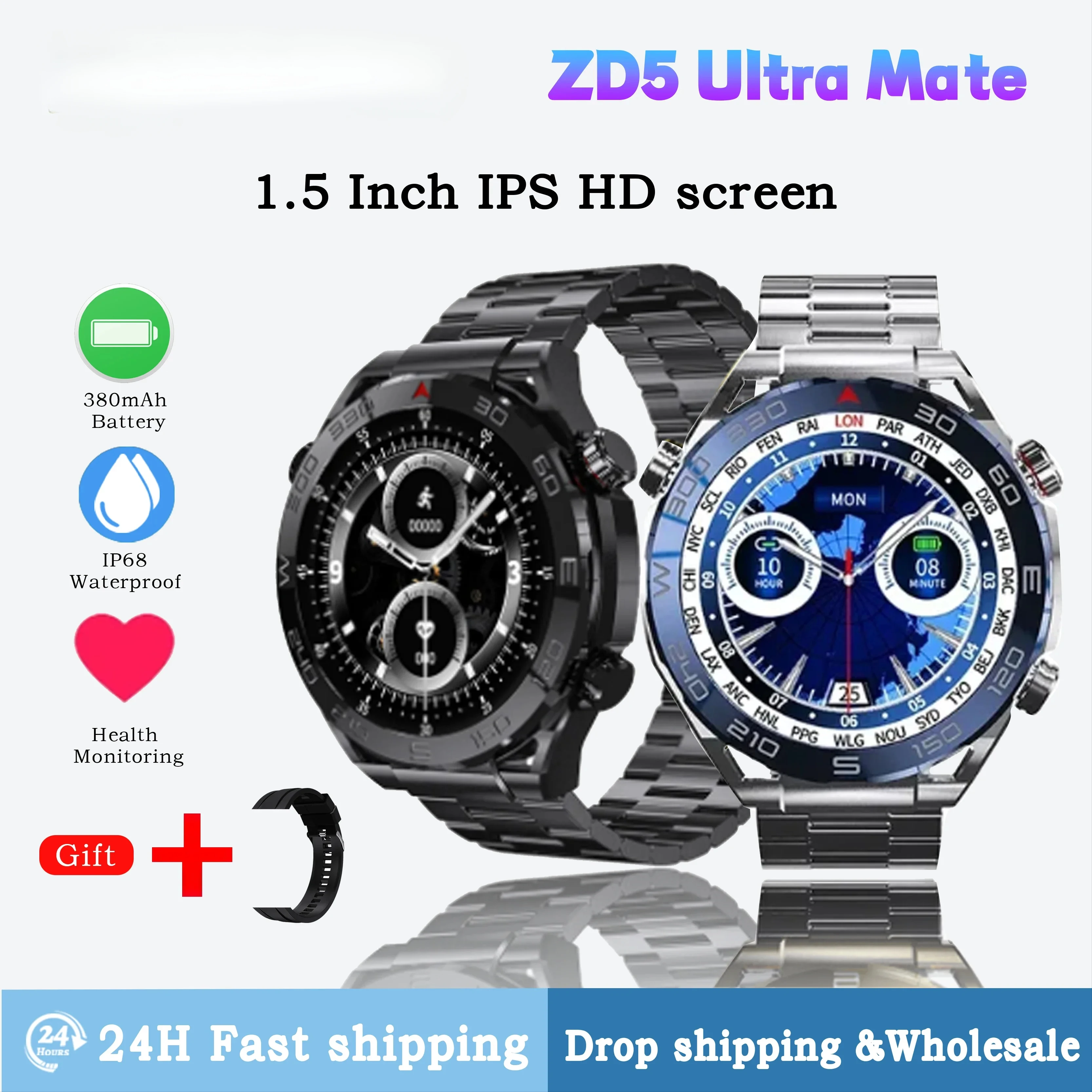 ZD5 Ultra Mate Men Smart Watch 1.5 Inch Screen IP68 Waterproof BT Call Sports Mode with GPS Tracker Compatible with Android IOS