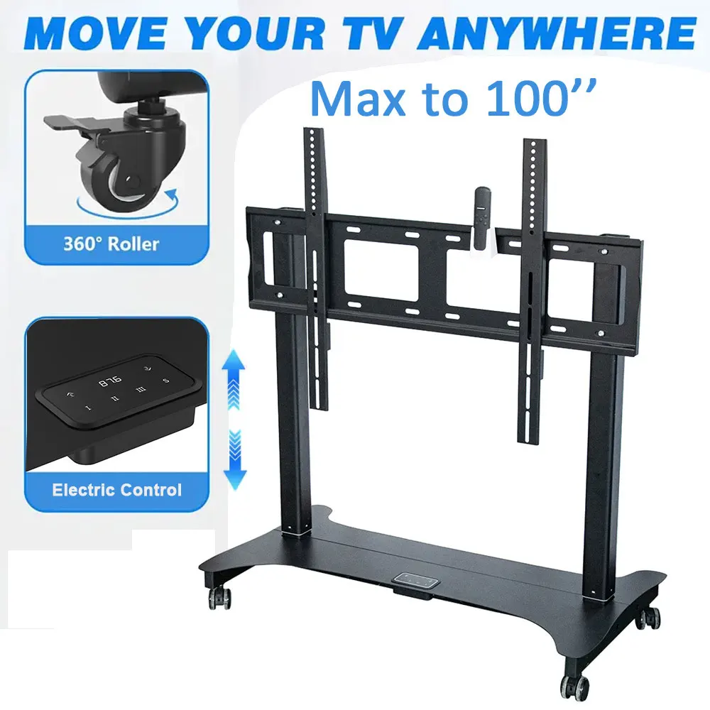 Electric Floor TV Cart 65-100 Inch Large Automatic Heavy Duty Load 250lbs TV Lift Motorized Height Adjustable  Stand Mount