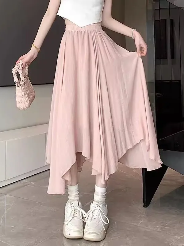 

Розовая юбка А-силуэта из ледяного шелка и хлопка с льняными вставками, женская, весна-лето, новая, с завышенной талией, стройнящая, драпированная, асимметричная, миди