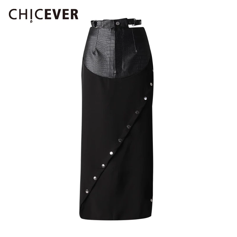

CHICEVER Streetwear Spliced PU Leather Long Skirt for Women High Waist Patchwork Irregular Buttons Split Skirts Female Fashion