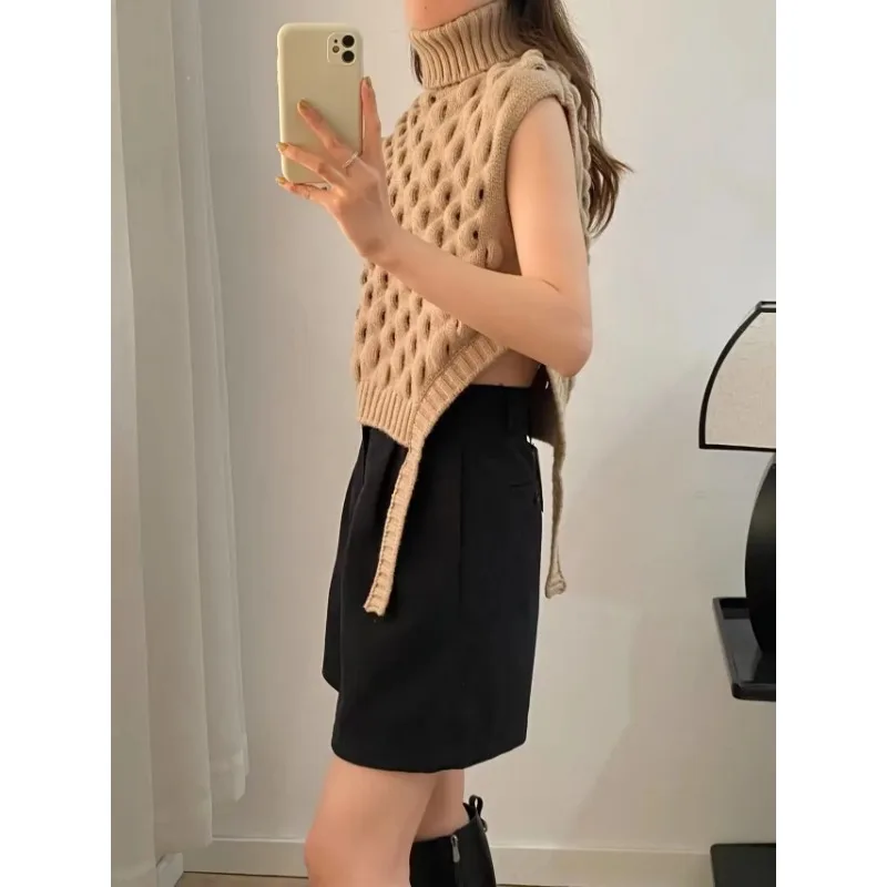 TRAF ZR Knit Vests for Women Knitwears Fashion Women Sweaters 2023 Vintage Turtleneck New Pullover Waistcoat Sleeveless Vest