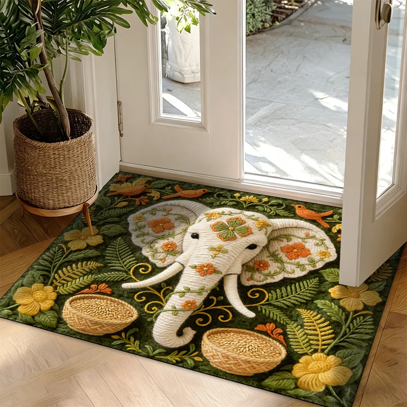 VIKAMA Lucky White Elephant Entry Mat Felt Embroidery Style Green Plant Flower Non Slip Absorbent Porch Welcome Floor Rug
