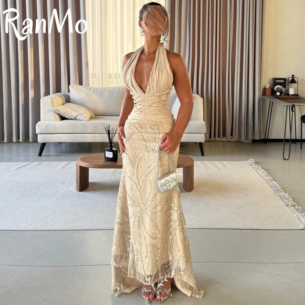 Ranmo Eleagnt Customized Sequin Embellished Prom Dresses Halter Mermaid Evening Party Gown Champagne Beaded Wedding Guest Dress