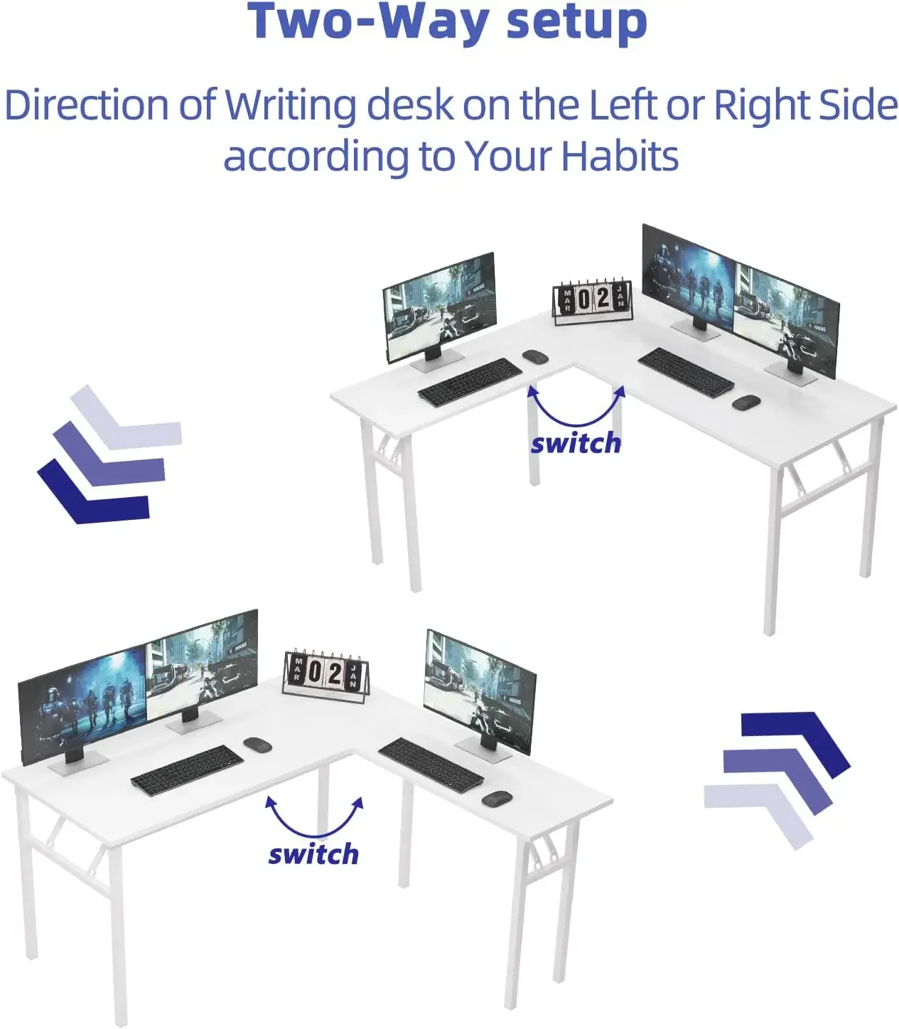 Scrivania a forma di L, scrivania pieghevole per Computer, 55 pollici x 55 pollici L scrivania per l'home Office, tavolo pieghevole con assemblaggio in un solo passaggio, bianco