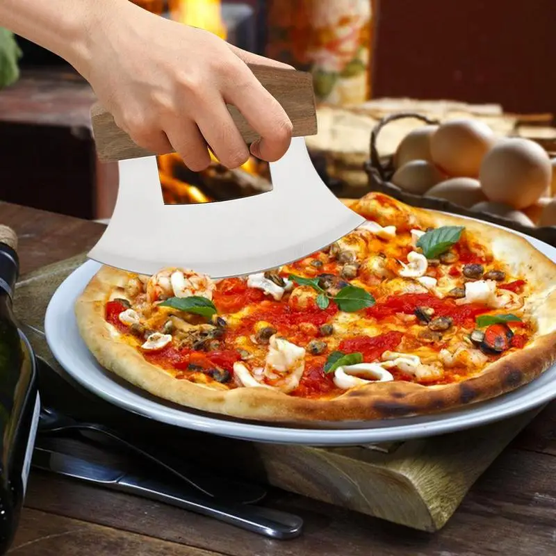 Ulu Pizza Cutter Chef Mezzaluna Ulu Cutter Ergonomic Anti-Slip Handle Stainless Steel Alaskan Ulu Cutter With Wooden Stand For