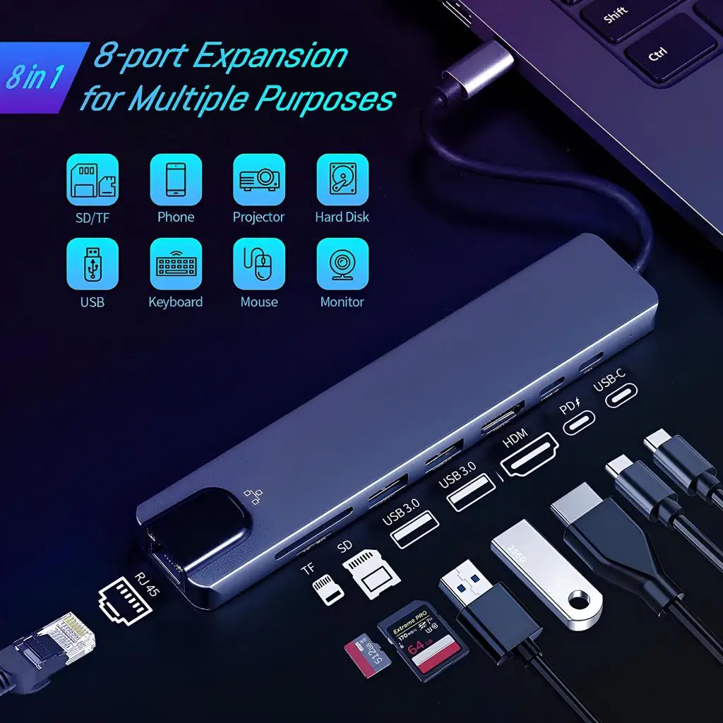 8 IN 1/6 IN 1 Hub Converter Adapter Type-C to 4K HDMI USB3.0 RJ45 SD/TF USB-C PD100W Docking station