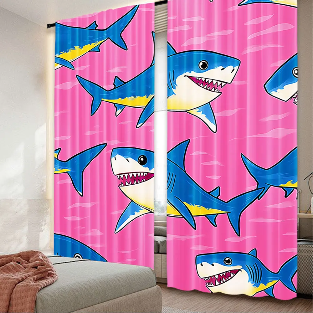 

2Pcs Cute Shark Curtain Cartoon Fish Ocean Pink Modern Home Suitable For Bedroom Living Room Dining Room And Bathroom A