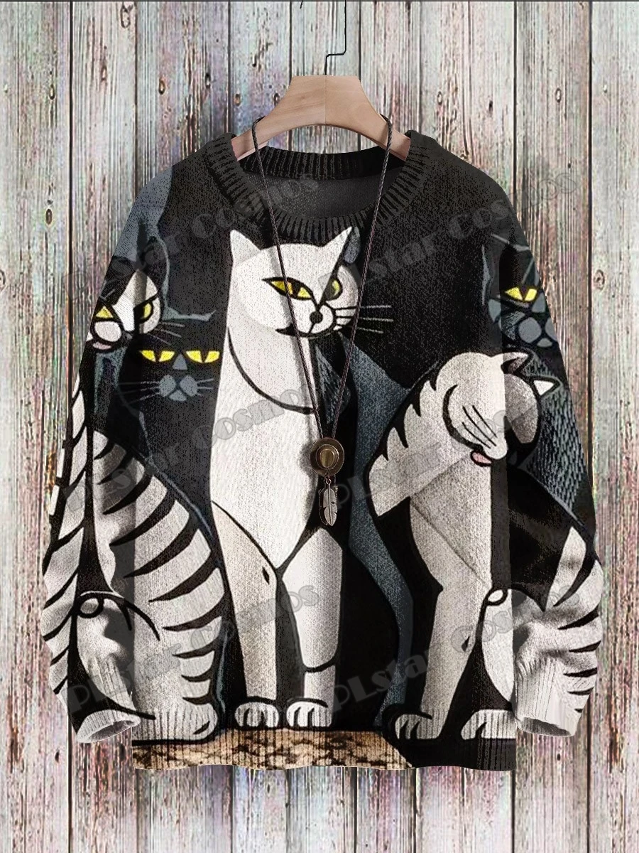 Abstract Funny Cat Design Vintage Art Vibe 3D Printed Men's Knitted Pullover Winter Unisex Casual Knit Pullover Sweater ZZM102