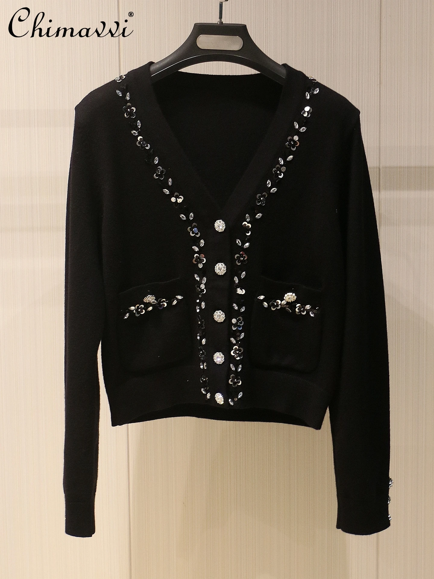 

2025 Autumn Clothes New French Fashion Heavy Sequin Knitted Cardigan Women Long Sleeve Elegant Black Sweater Coat Top