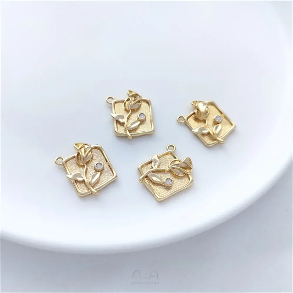 14K Gold-Color Zirconium Diamond-shaped Square Brand Rose Magnolia Flower Pendant Handmade Bracelet Necklace DIY Charms Pendant