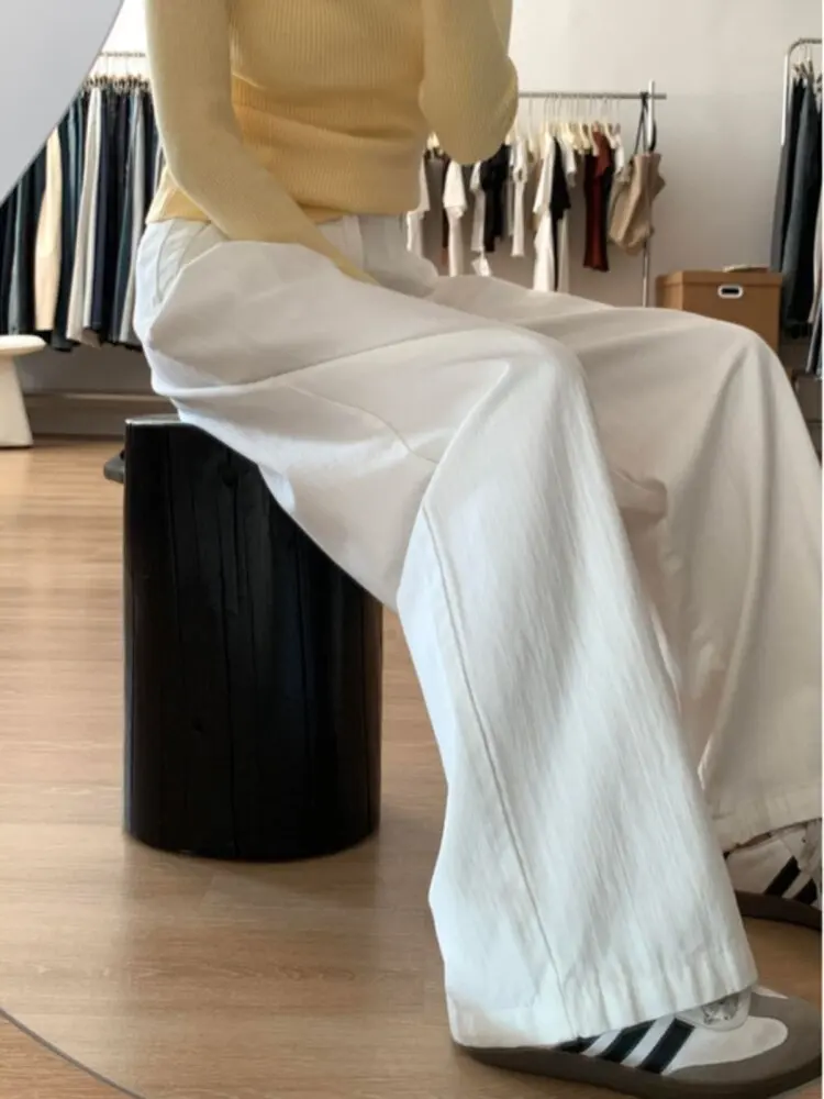 

Американские женские джинсы с высокой талией, свободные, белые, широкие, прямые, плиссированные, тонкие, для ранней весны, новые, маленькие размеры, повседневные брюки