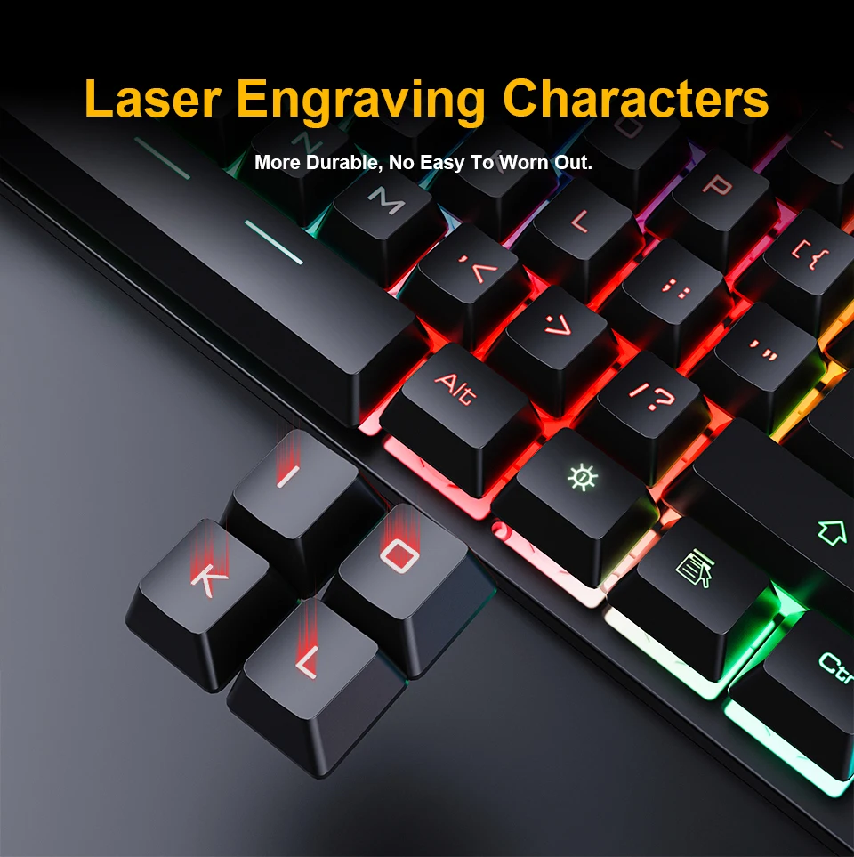 Teclado ergonómico para gaming con retroiluminación USB, teclas de goma RGB con cable compatible con PC y ordenador portátil, ruso, 104 teclas