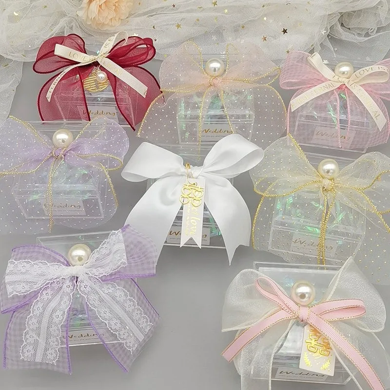 

10/20Pcs New Wedding Gift Box Acrylic Square Box Transparent Ribbon Pearl Packaging Candy Box Baby Shower Party Supplies