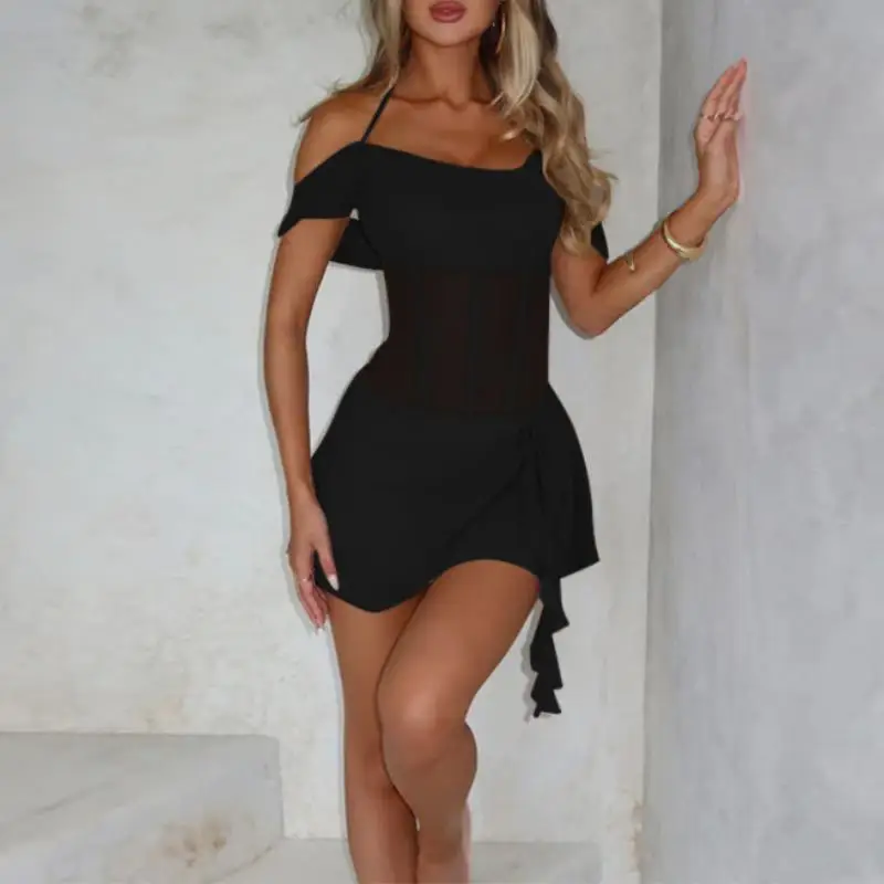 A new 2025 women's halter, one-shoulder collar, sheer mesh, backless, ruffled, slim and sexy short dress