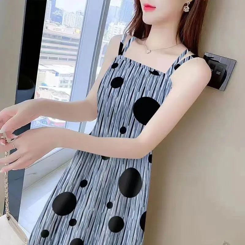 Women\'s Sleeveless Polka Dot Sling Dress, Elegant Temperament Dress, Casual Clothes, Simplicity, Office Lady, Summer Fashion