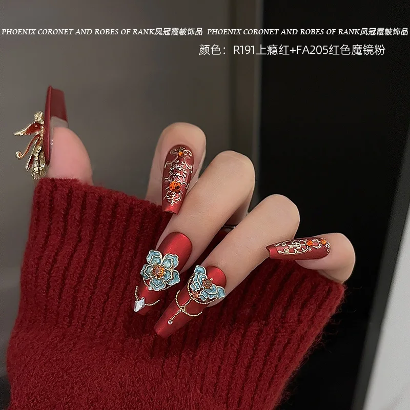 5 PCS new chinese style xiuhe wedding nail accessories with temperament phoenix crown and rosy glow colorful enamel bridal nail
