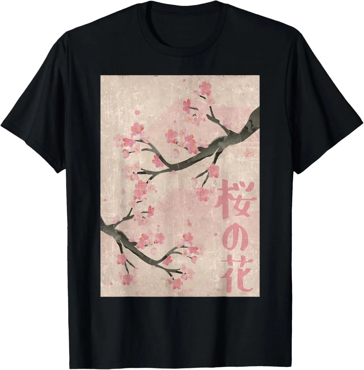 Cherry Blossom Japanese Vintage Woodblock Japan Pink Sakura T-Shirt 100% Cotton Trendy Y2K Short-Sleeve Tee-Soft, Quick-Drying,