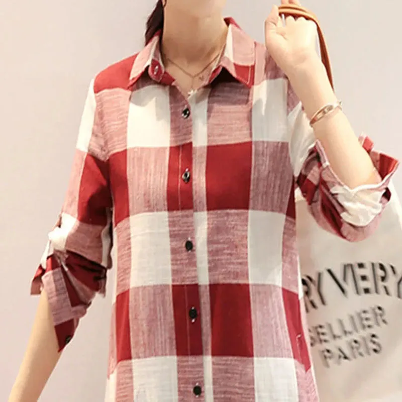 Polo Neck Button Loose Vintage Plaid Shirt 2022 Summer Women Clothing Fashion Streetwear Short Sleeve Pockets Blouses Ladies