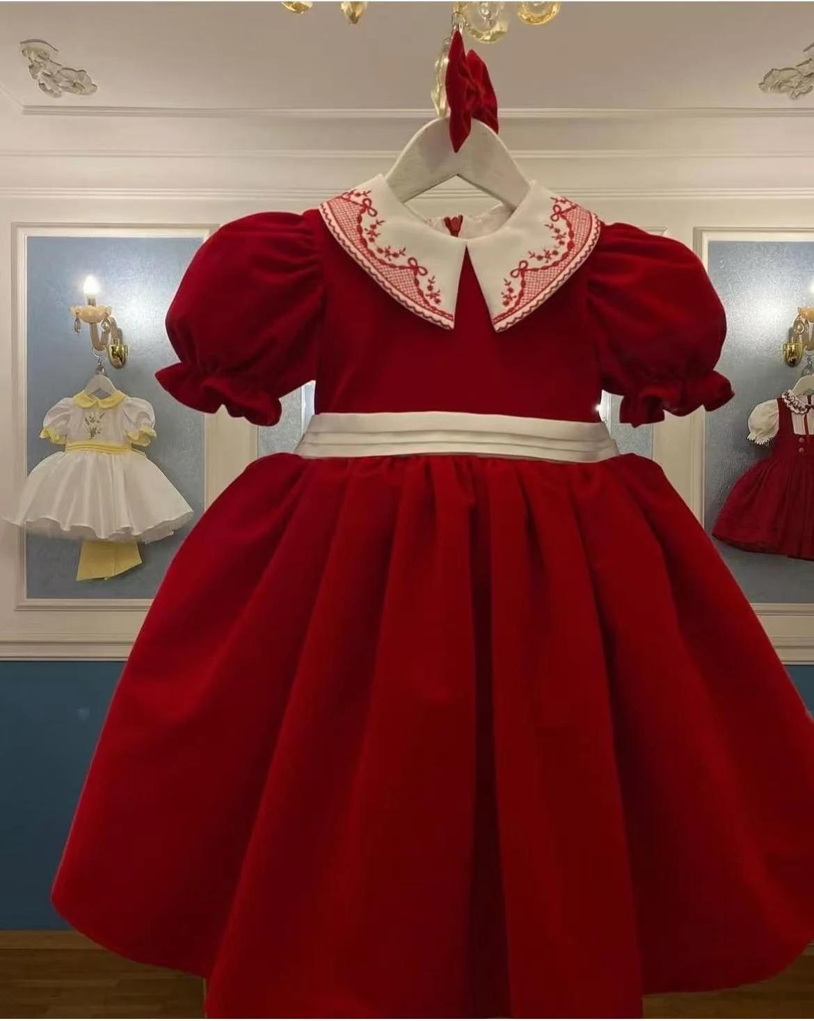 0-12Y Baby Girl  Autumn Red Blue Velvet Collar Embroidery Vintage Princess Dress for Christmas Birthday  Holiday Eid  C168