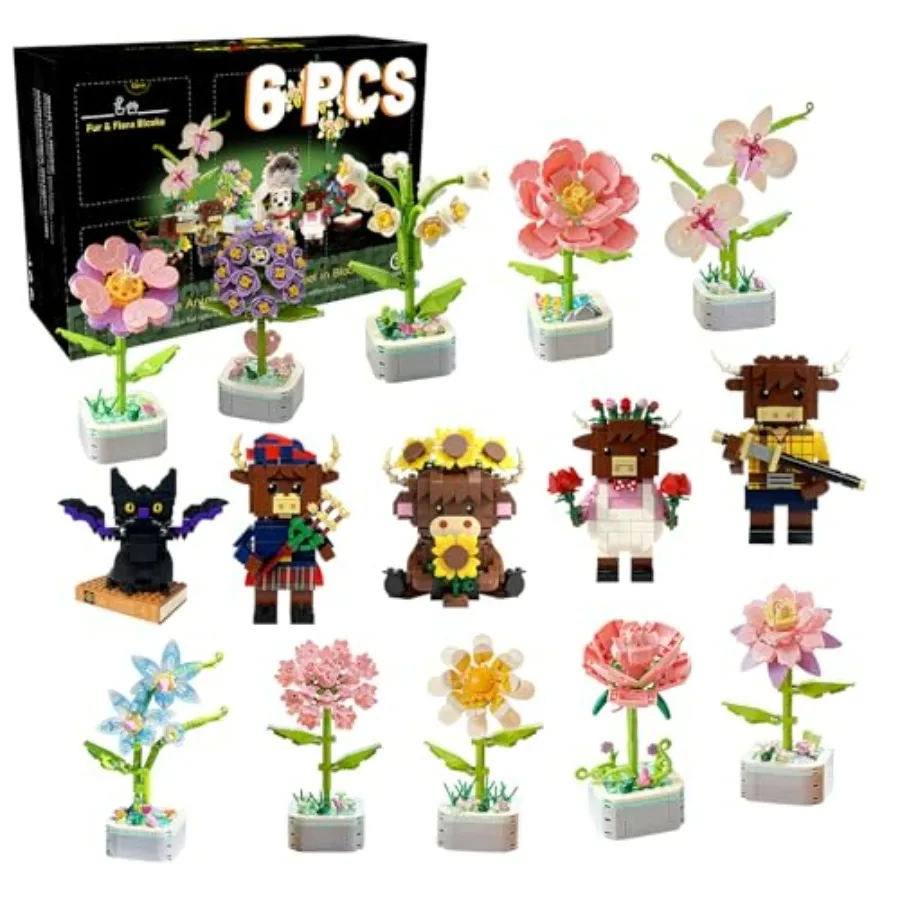 

6 Set Flowers and Animal Building Blocks Blind Box - 5 Flowers 1 Animal Random Creative Building Sets Toy for Ages 6+ Indoor Ho