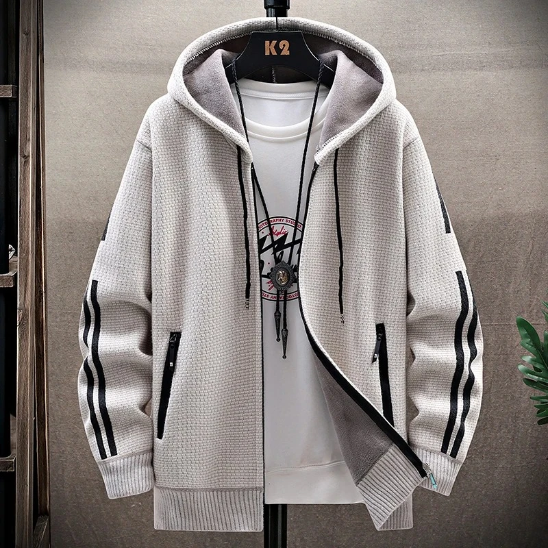 Business Casual Men's Sweater Cardigan Fleece Lined Hood Sweaters Jacket Retro Sweaters Coat Zipper Up Knit Cardigans