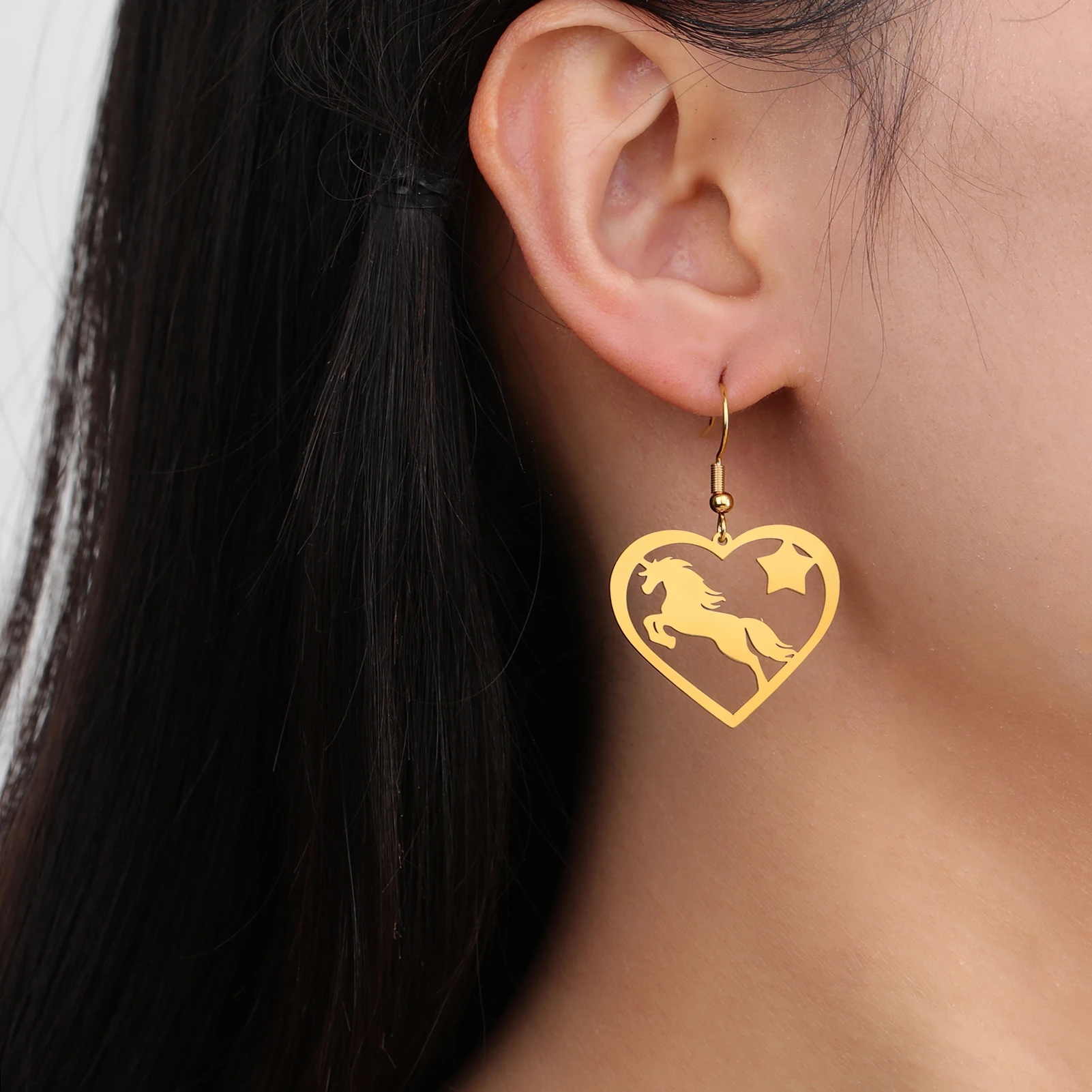 Cazador Pferdeherz-Anhänger-Ohrringe für Damen, Edelstahl, goldfarben, Tierschmuck, Ohrringe, Geburtstag, Valentinstag, Geschenk – Detail 12