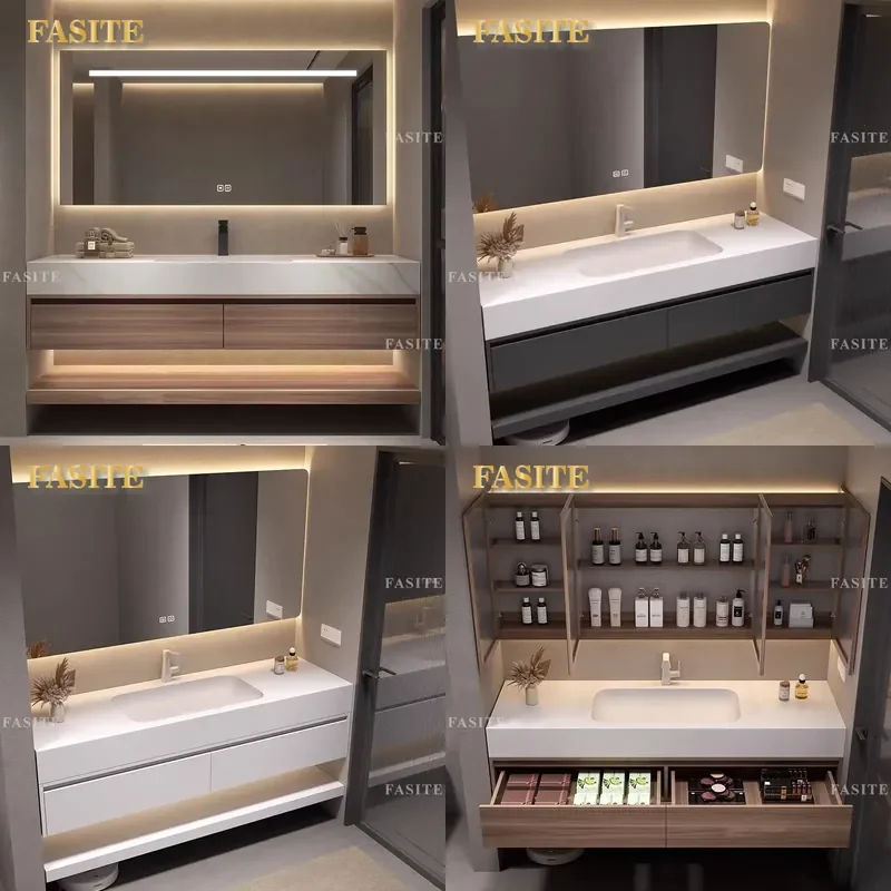 For Modern Bathroom Cabinet Ceramic Integrated Basin Smart Vanity Unit with Sink Wash Table Space Saving Waterproof Storage