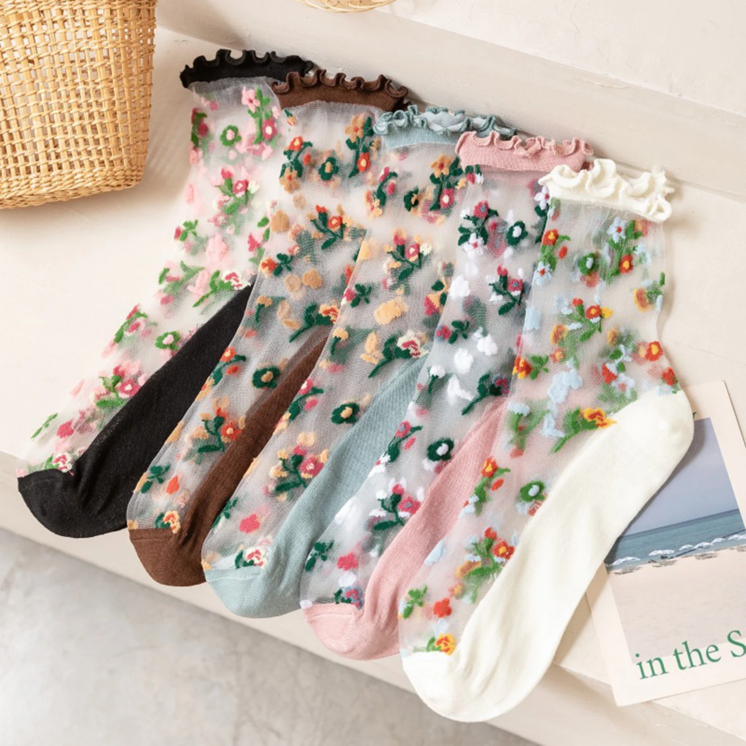 

Носки женские ультратонкие прозрачные длинные с цветочной вышивкой, 5 пар/комплект