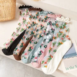 5 Pairs/Set Women's Summer Ultra-Thin Transparent Crystal Silk Ruffle Socks Harajuku Vintage Floral Embroidery Long Socks