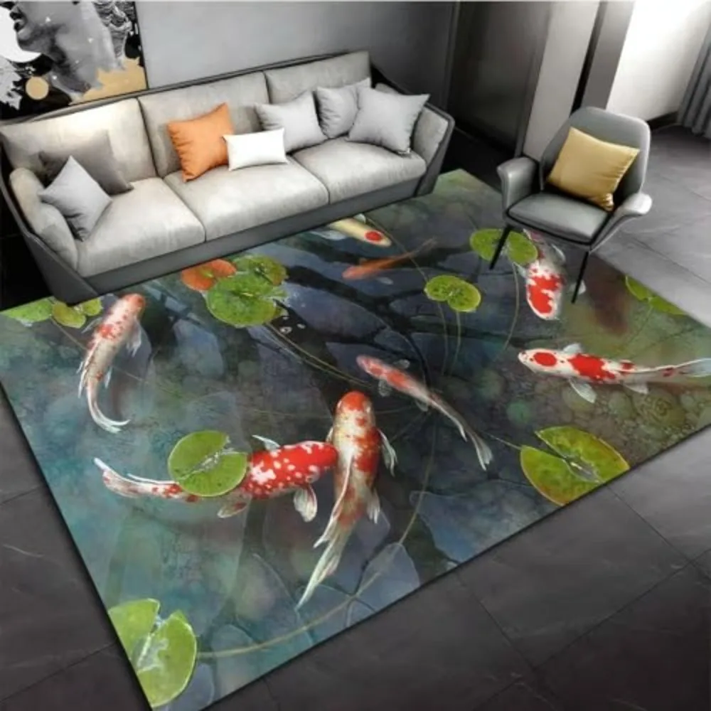 Living Room Rug 3D Optical Illusion Pond Vibrant Swimming Creatures Circular Green Lilypads Printed Dark Pond Backdrop Carpet