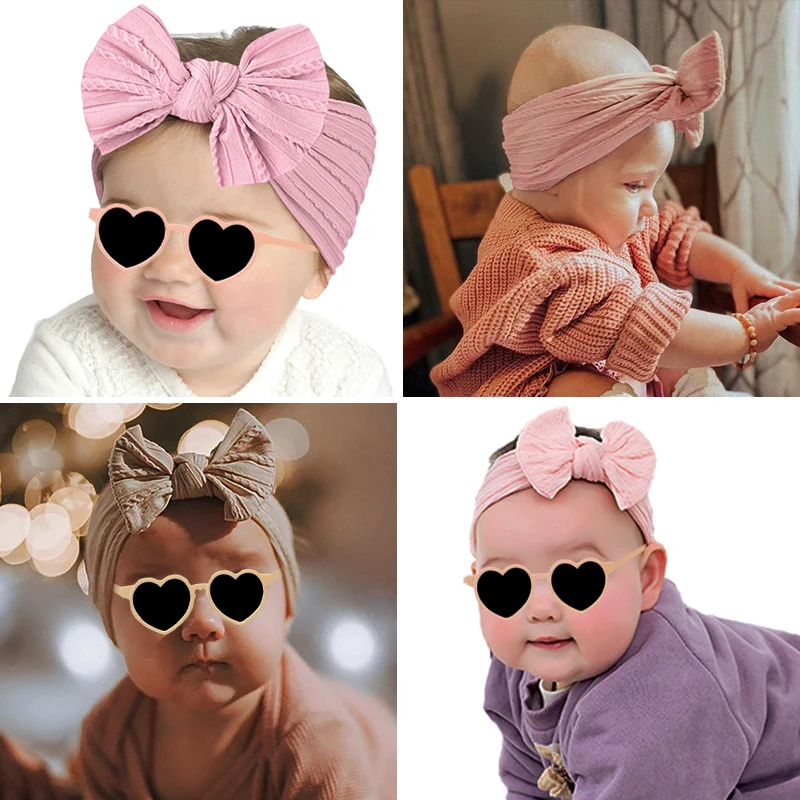 Hot Selling New 2026 Heart-Shaped Children's Sunglasses with Headband Set, Kids' Sunglasses, Nylon Baby Headbands