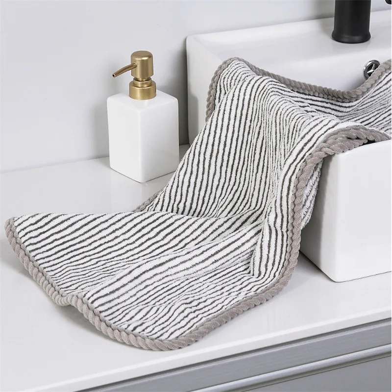 1Pc 34x75cm Bamboo Charcoal Fiber Coral Fleece Water-Absorbent Antibacterial Stripes Dry Hair Wash Hand Towel