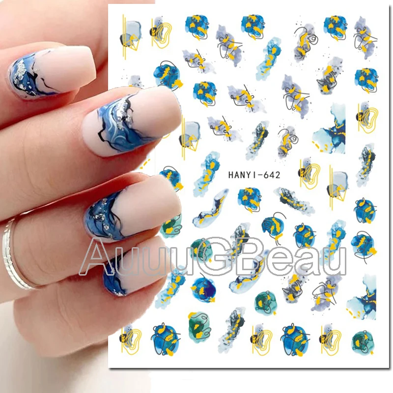 3D Nail Art Aufkleber blühen raucht goldene Linien Wellen blau mables Französisch Tipps selbst klebende Schieber Aufkleber für Nagel maniküre