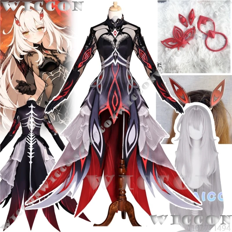 مجموعة كاملة من أزياء رولر أوف ديث رونوفا جينشين إمباكت جيم، فستان أسود وأحمر، شعر مستعار فضي، أغطية رأس حمراء للنساء والفتيات في الهالوين