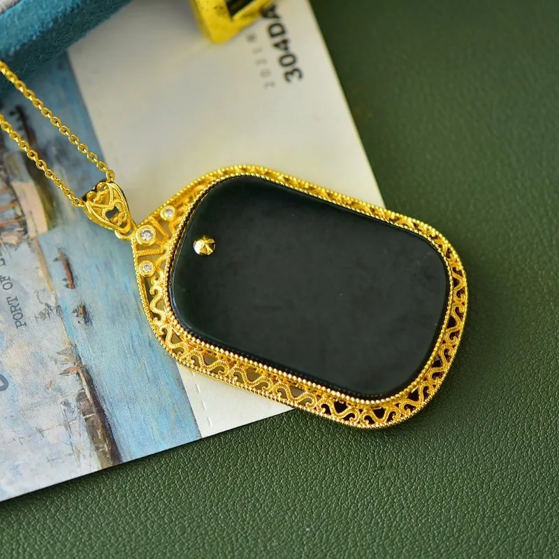 

Exquisite Copper Inlaid Hetian Jade Sapphire Safety Brand Hollow Pendant