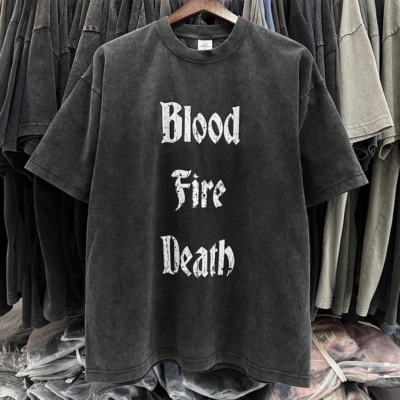 

2024 Summer Blood Fire Deth Print Letter Washed T Shirt Black Short Sleeve T-shirt Tear Tops Vintage Cotton Men Women Tee