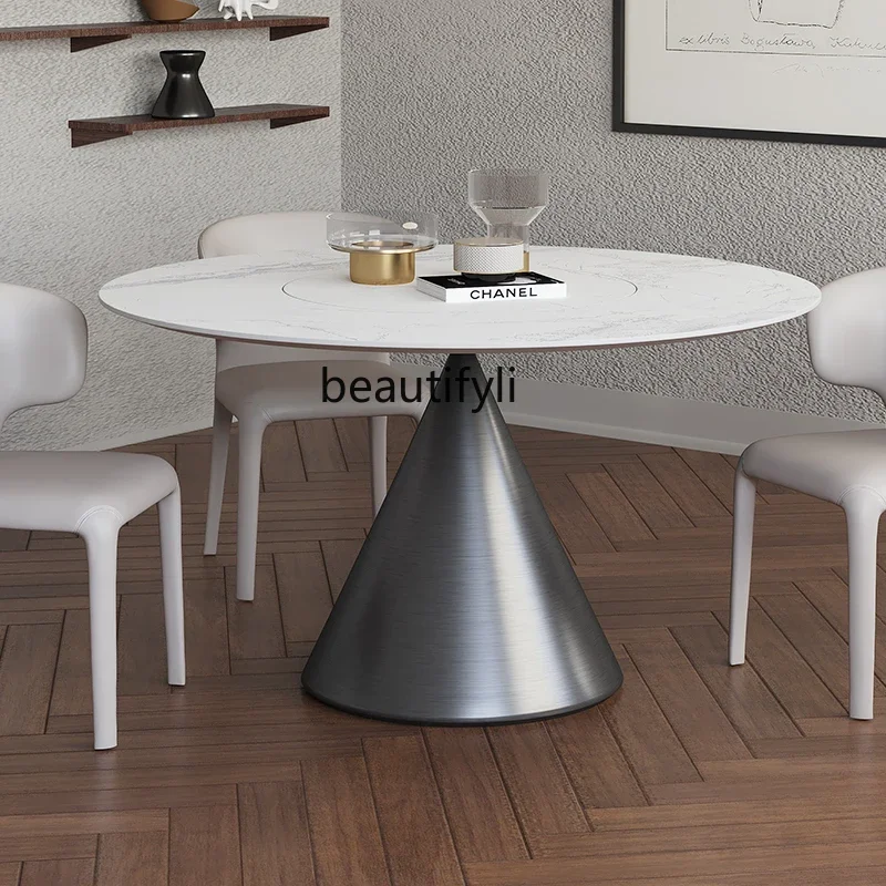 

A55 Round dining table and chair combination with inlaid turntable Italian light luxury household dining table for 10 people