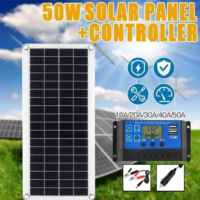 50W 10/20/30A /40A/50A/60A Solar Panel Dual USB Output Solar Cells Solar Panel Controller for Car Yacht 12V Battery Boat Charger