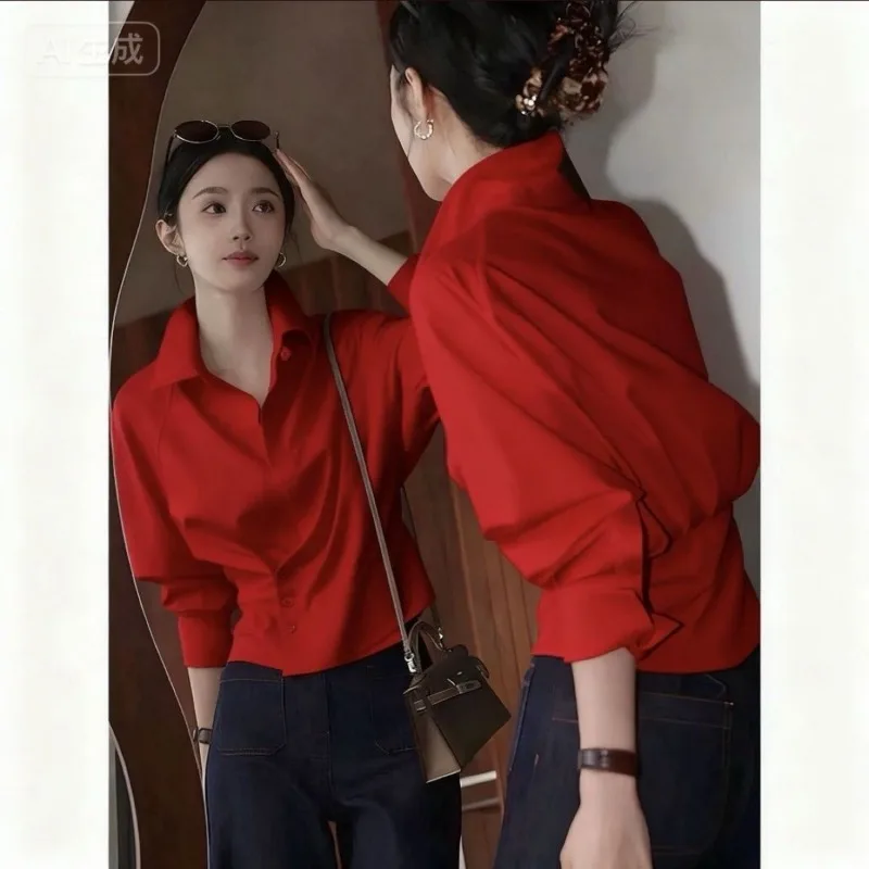 

Корейский стиль, милая розовая короткая рубашка с лацканами для женщин, осенняя новая мода, повседневный свободный топ с защемленной талией