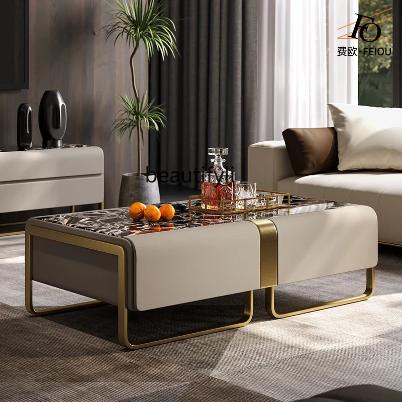 Light luxury coffee table model room, senior designer furniture villa large flat marble luxury stone tea machine combination