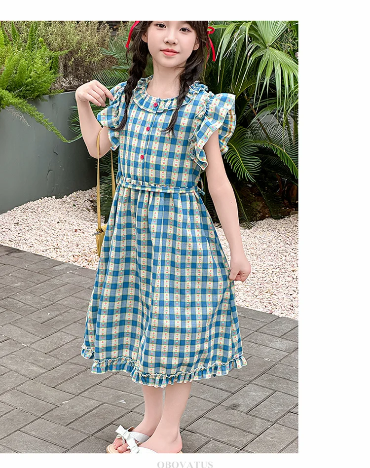Preppy-Stil Kinder Babyblau Kariertes Kleid mit Blütenärmeln für Mädchen A-Linien-Schulkleider für Teenager Neue Sommerkleidung – Detail 5