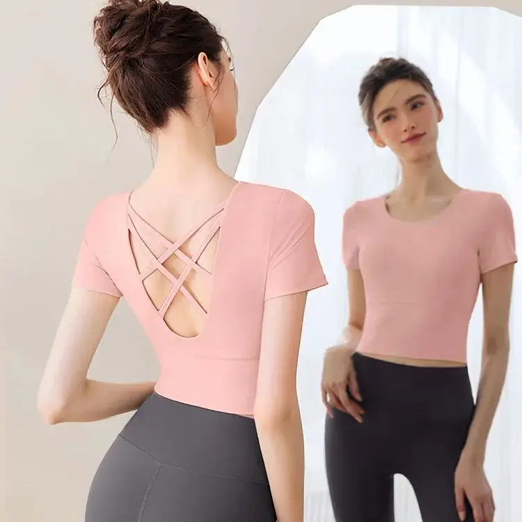 Yoga suit cross-back quick-drying with chest pads Skinny tight running sexy fitness short-sleeved women