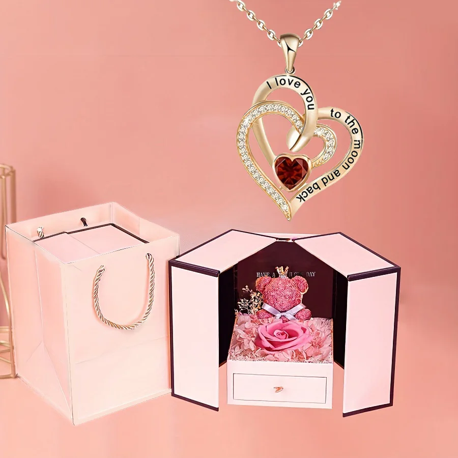 Luxury Zircon Love Necklace With Double Door Bow Bear Rose Gift Box for Girlfriend Mom Valentine Day Mother Day Romantic Gifts